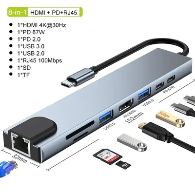 USB C 허브 8in1 7in2 7in1 타입 C 3.1 4K HDMI 어댑터 (RJ45, SD/TF 카드 리더, PD 고속 충전 기능 포함) 맥북 노트북용