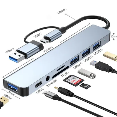 8 in 2 USB + Type C 허브 도킹 스테이션(3.5mm 오디오 잭 어댑터 포함) 마이크로 SD 카드 리더기 노트북 태블릿 전화 디스크 변환기